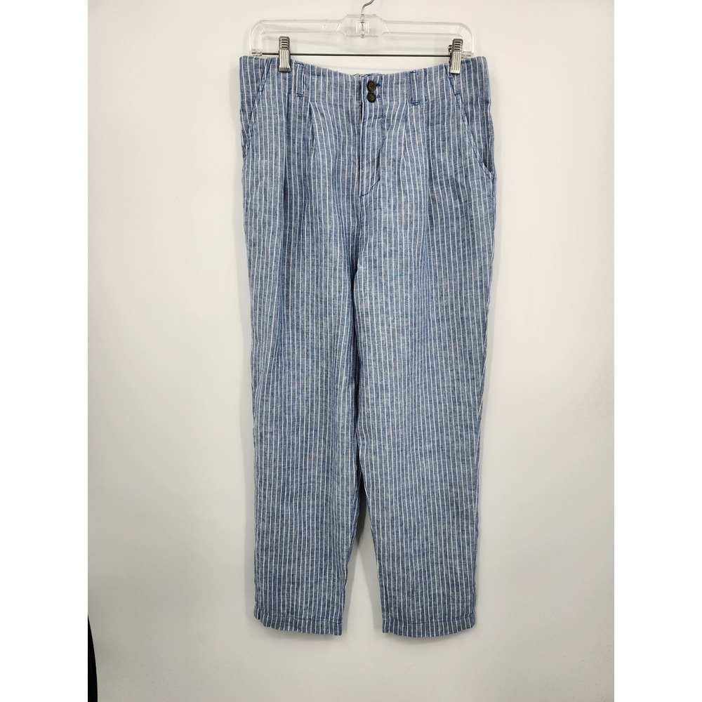 Garnet Hill Linen Pants Womens 10 Blue White Striped Pleated High Rise Tapered